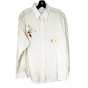 Las Olas Made in Korea Vintage Bird Floral Embroidered Gold Stud Button Up Shirt